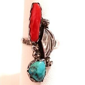 Navajo vtg Turquoise Coral ring sz 7-7.5 (1186)